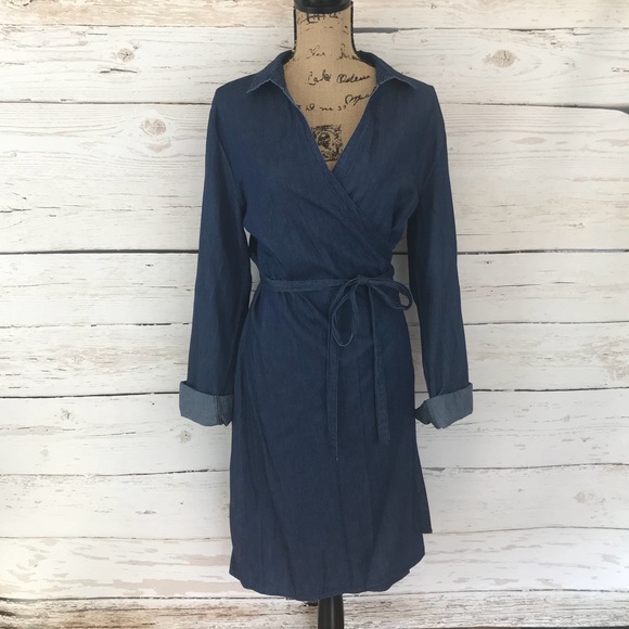 long sleeve denim wrap dress